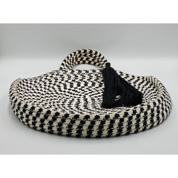 La Regale Women's Black White Round Woven Houndstooth Tote Bag Tassel Sz L 2632 - Picture 6 of 10